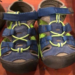Blue keen sandals.